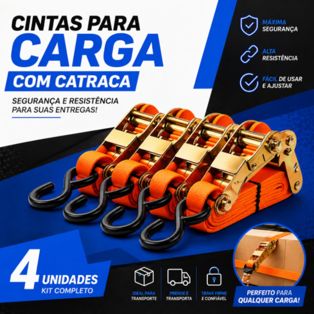 Kit 4 Cinta Catracas Cinta Para Amarrar Prender Carga Com Catraca Amarração Caminhão 4,5m x 2,5mm