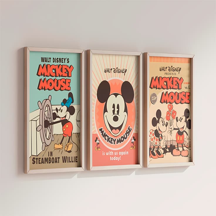 Quadros Mickey Mouse Vintage Kit 3 Peças Disney Retrô Decoração Quarto Infantil Aquarela Brinquedo