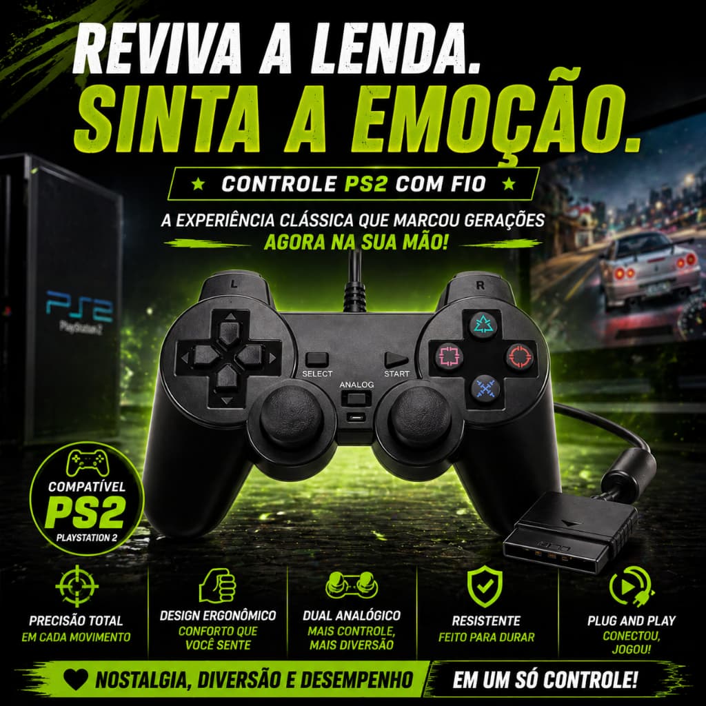 Controle PS2 com Fio Analógico Duplo Joystick PlayStation 2 Plug and Play Alta Precisão