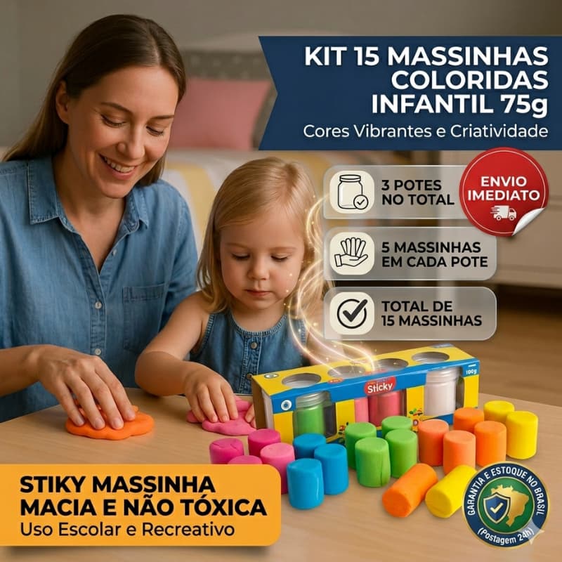 Kit Massinha Colorida Infantil 75g 3 Potes 5 Unidades Conjunto Escolar Criança Sortido