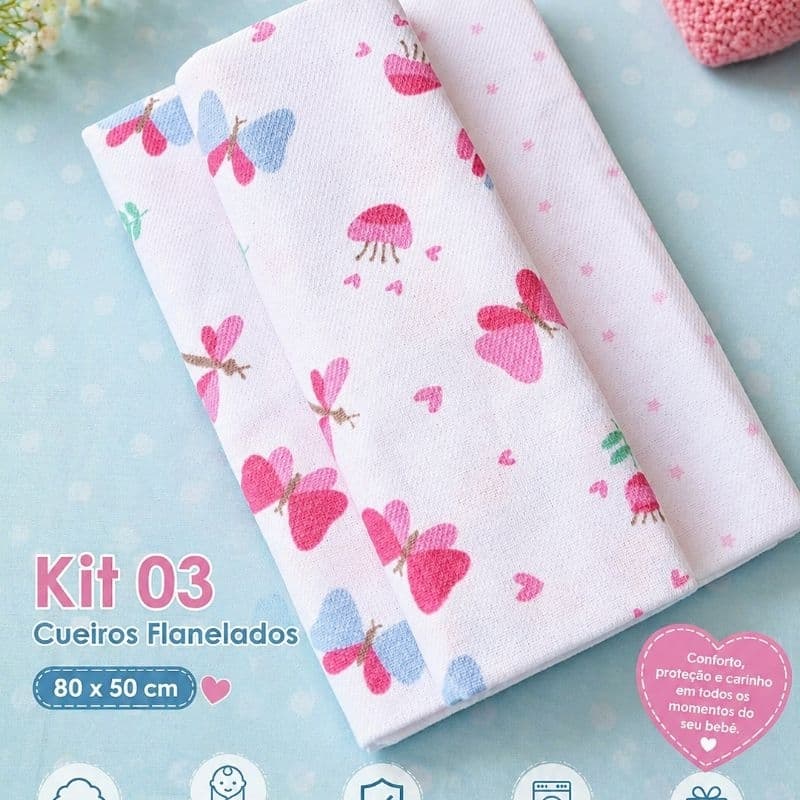kit 03 Unidades  Cueiro de Bebê Flanelado 50 cm x 80 cm Macio Quentinho Conforto Saída Maternidade Menino Menina