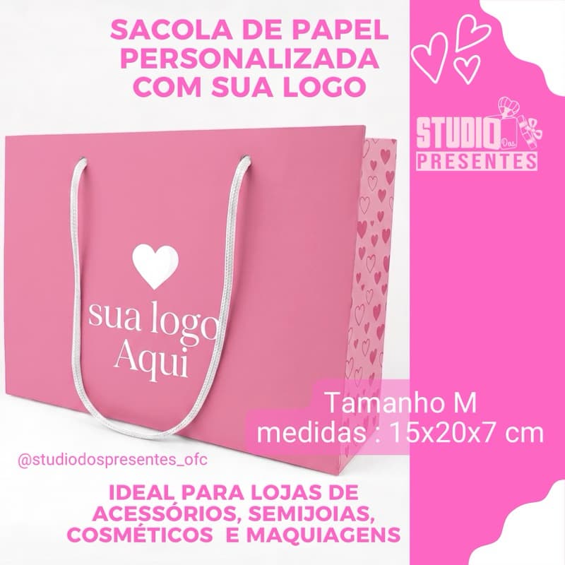 kit com 50 sacolas 20, 10 personalizadas de papel (M20x15/7cm) lojas lembrancinha casamento aniversário envie sua logo