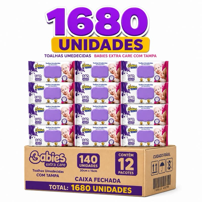 Caixa Com 1680 unidades Toalhas Umedecidas Babies Extra Care com Tampa – 140 Unidades cada