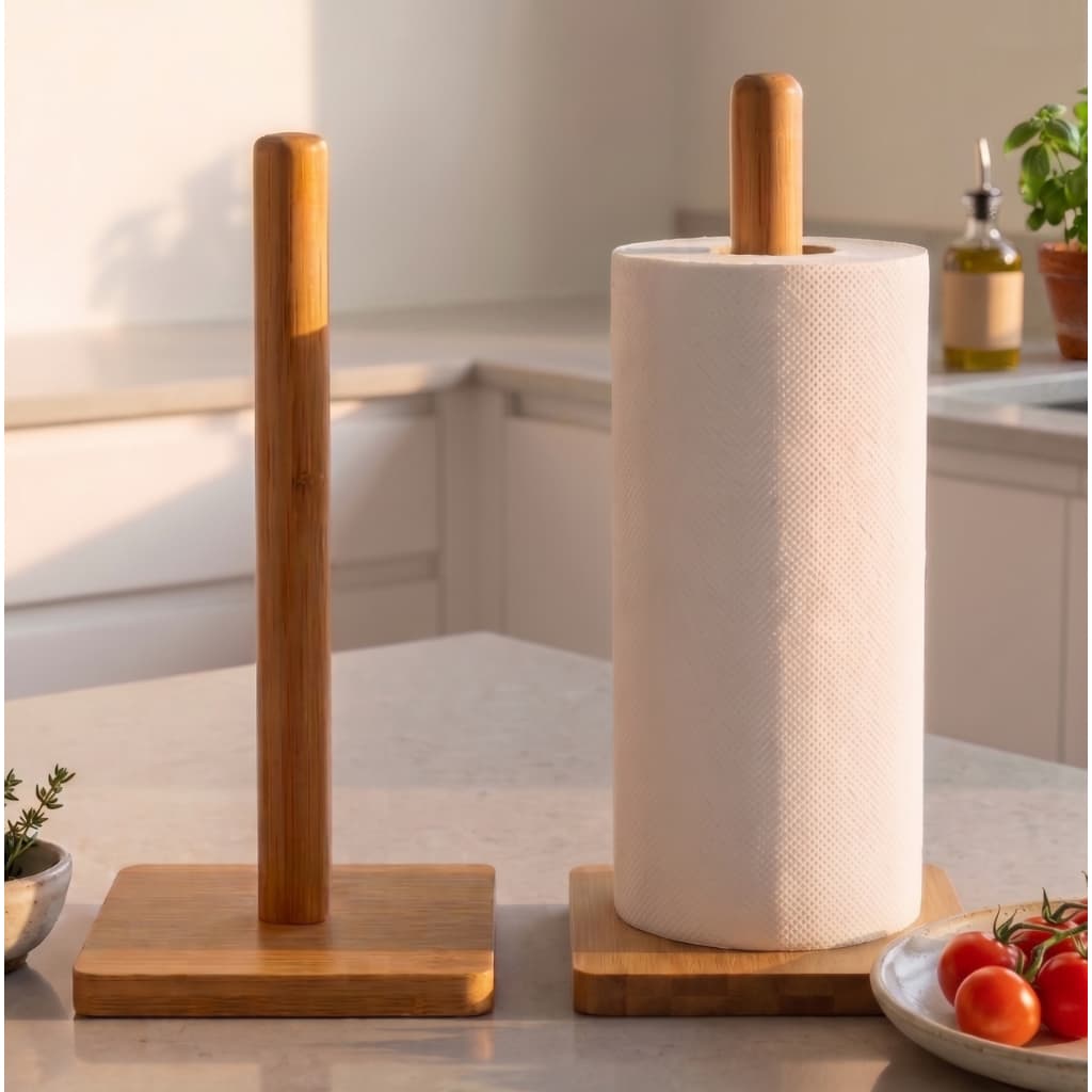 Porta Papel Toalha de Bambu Grande Suporte para Mesa Bancada Cozinha Vertical