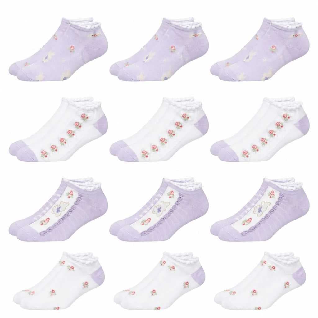 Kit 12 Pares Meias Femininas Cano Baixo Soquete Estampadas Confortáveis Respiráveis em Poliéster