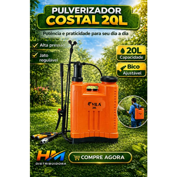 Pulverizador Costal Agrícola 20 Litros VILA com 3 Bicos e Jogo de Reparos