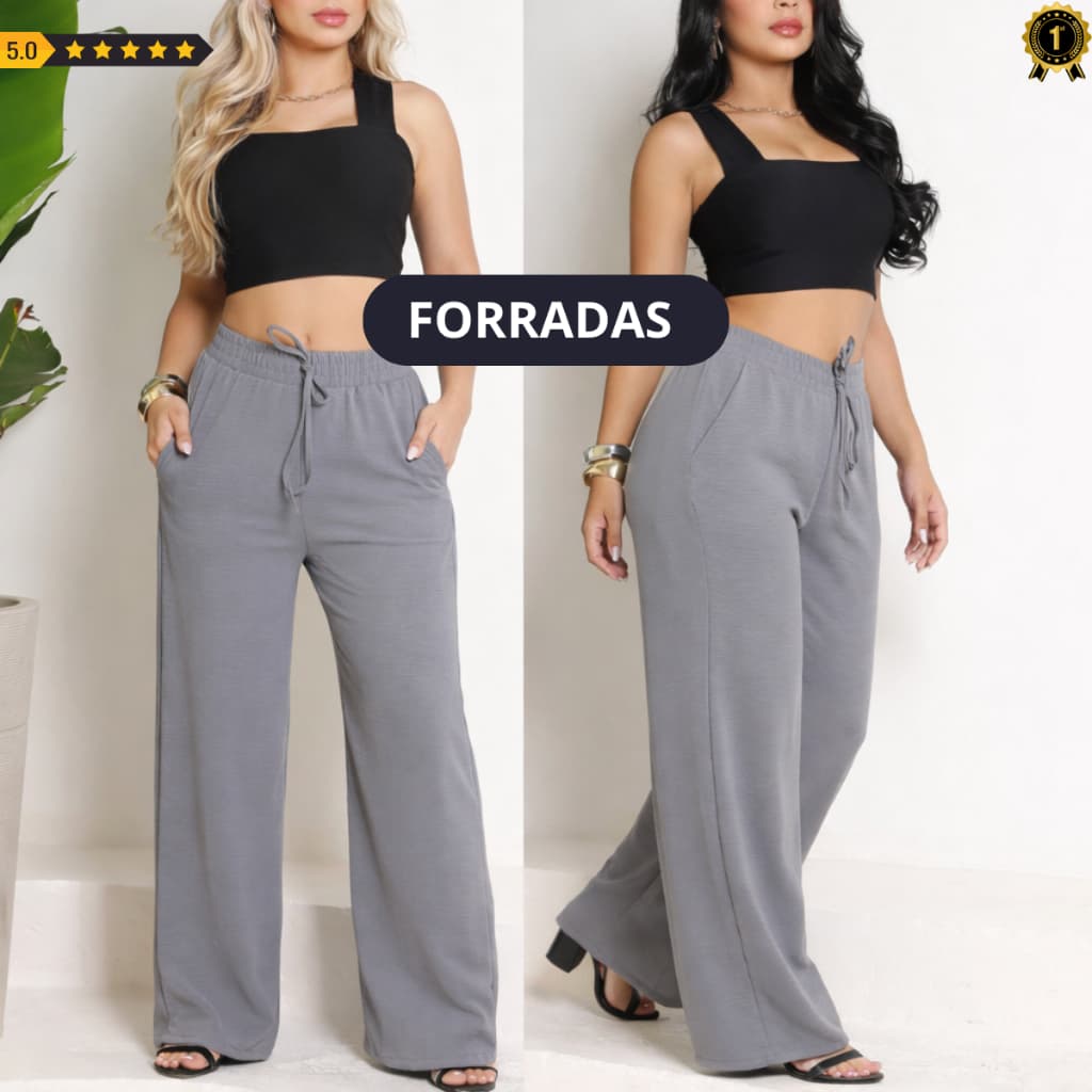 Calça Pantalona FORRADA DUNA Feminina Tecido Fresco Cintura Alta Com Bolso