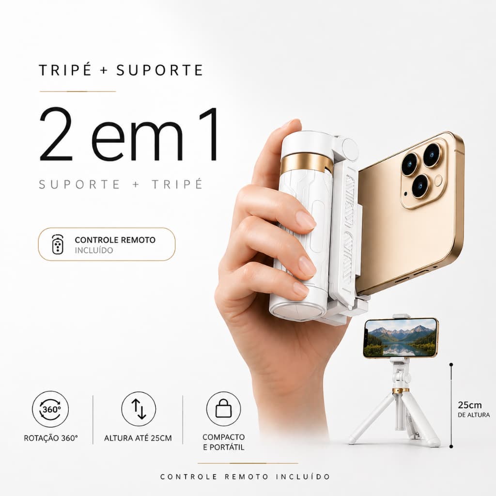 Suporte para Celular com Tripé, Controle Bluetooth e Rotação 360° 4 em 1