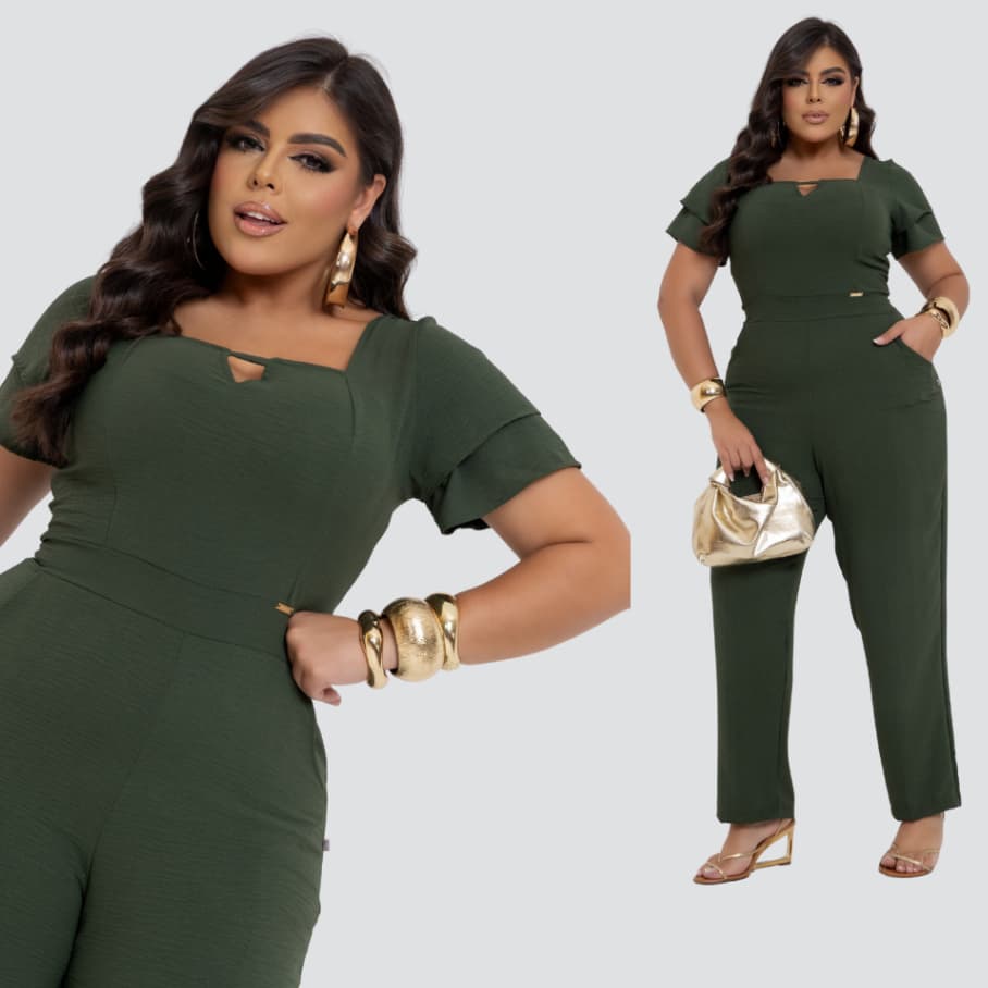 Macacão Longo Plus Size Duna Premium Elegante Forrado Com Mangas Bolsos Funcionais