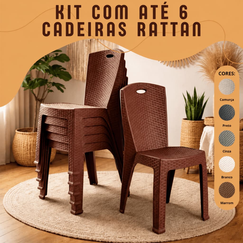 Cadeiras Rattan Reforçada Empilhável Kit até 6 unidades Escritório Varanda Piscina Salão Área Lazer