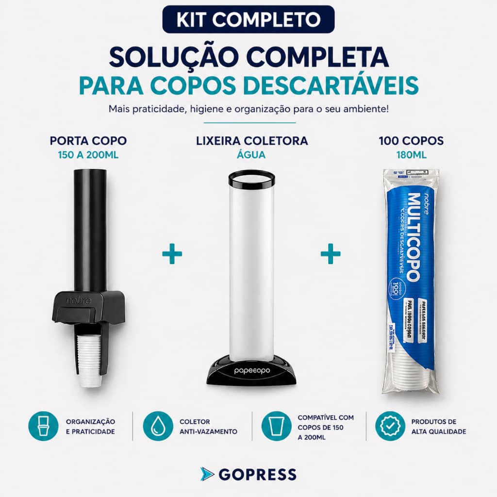KIT DISPENSER SUPORTE DE COPO ÁGUA 150 A 200ML + 100 COPOS ALTA QUALIDADE + LIXEIRA COPO ÁGUA PR/BR