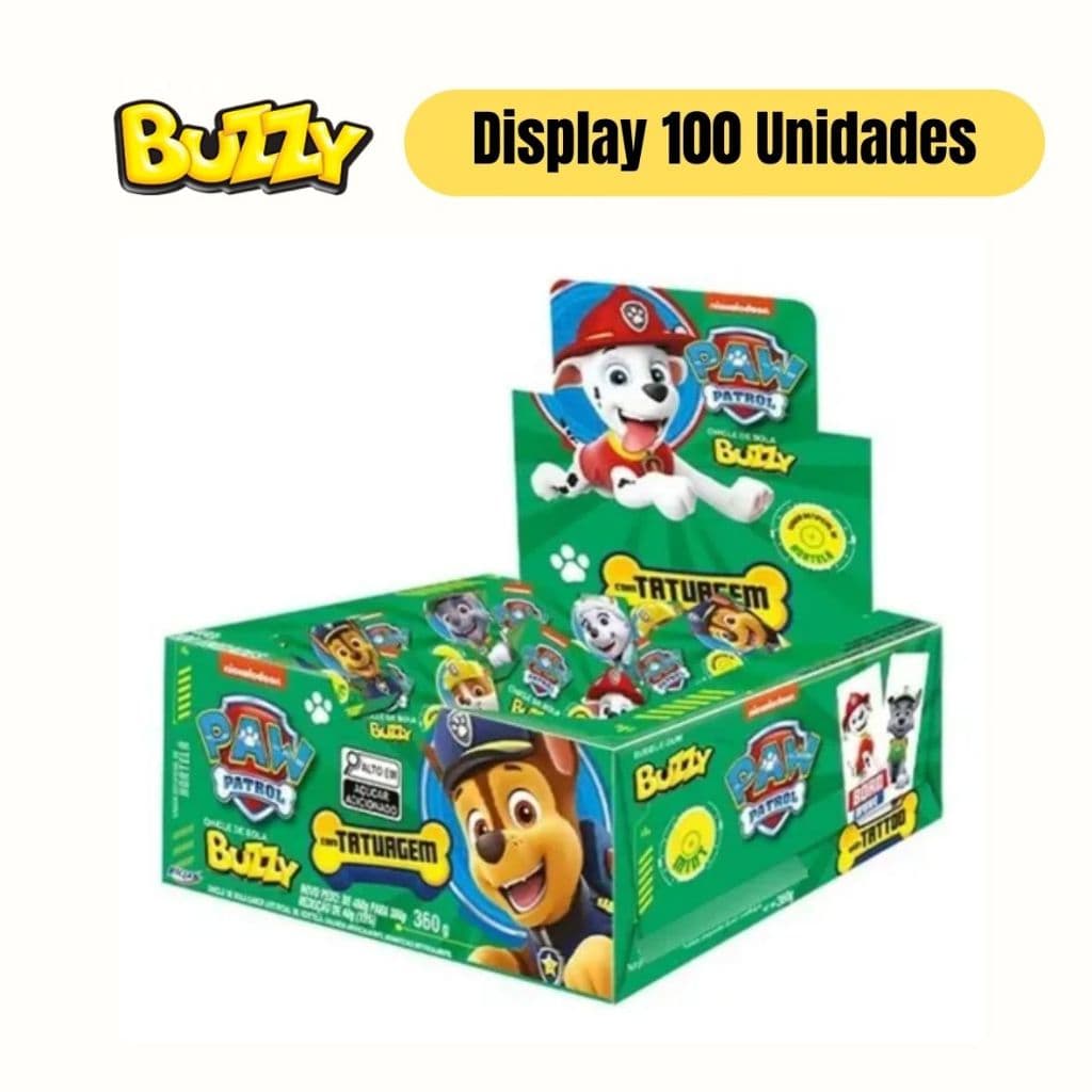 Chiclete Patrulha Canina com Tatuagem Sabor Hortelã Caixa c/ Aprox 90 unidades - Marca Buzzy