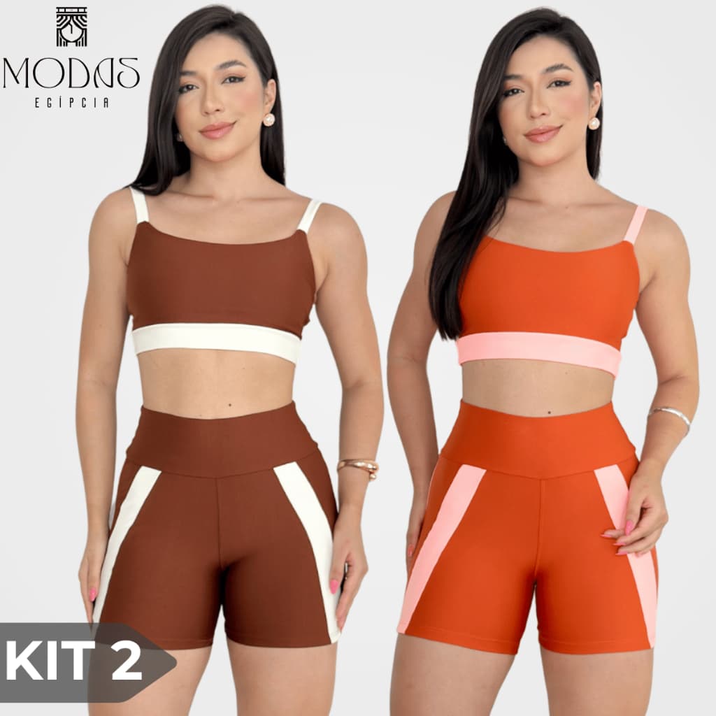 Kit 2 Conjunto Fitness Short + Top Bicolor Academia Fit Roupa Treino Crossfit Corrida