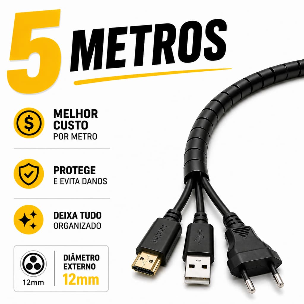 Organizador de Fios e Cabos 5M| Acabe com Cabos Bagunçados | Ideal para Mesa, TV e PC