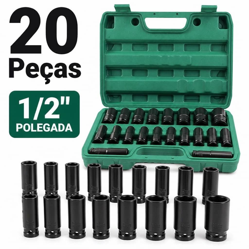 Jogo de Soquetes Impacto Longos 1/2" Kit 10/20 Peças 8 a 32mm Cromo Vanádio Alta Resistência