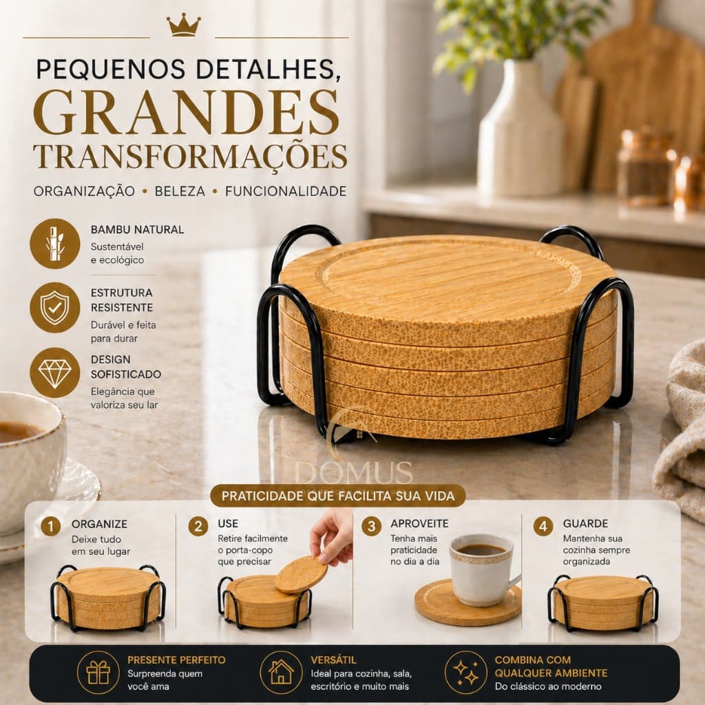 Porta Copo Bambu Redondo com Suporte de Ferro 4/8 Unidades | Cozinha, Mesa, Sala