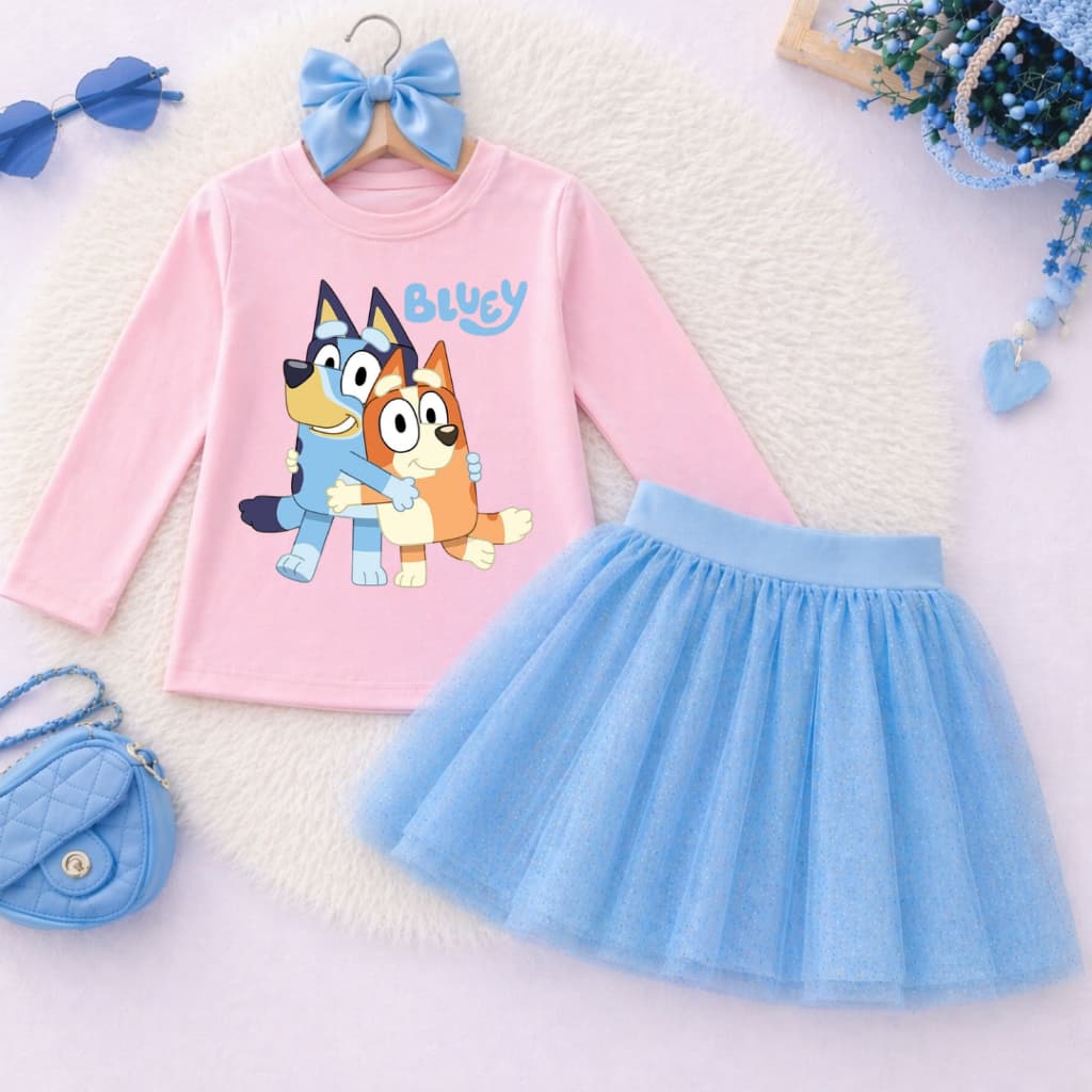 Conjunto Infantil Blueey Amigos Abraço Feminino Rosa com Saia Tule Azul Brilho Blusa Manga Longa Moda Menina