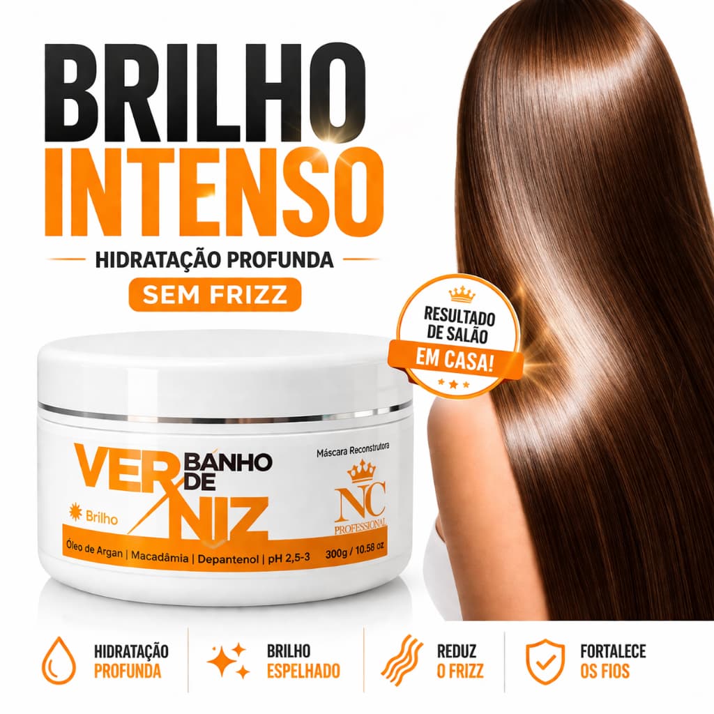 Máscara Capilar Banho de Verniz Hidratação Profunda Brilho Intenso Anti Frizz Cabelo Seco Danificado