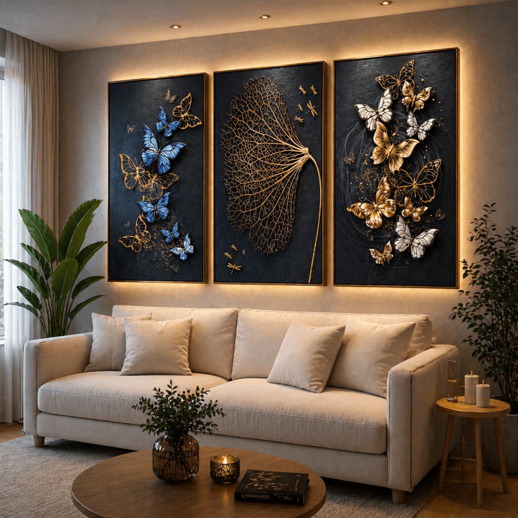 Kit 3 Quadros Decorativos Borboletas Douradas Azul Moderno Luxo Sala Quarto