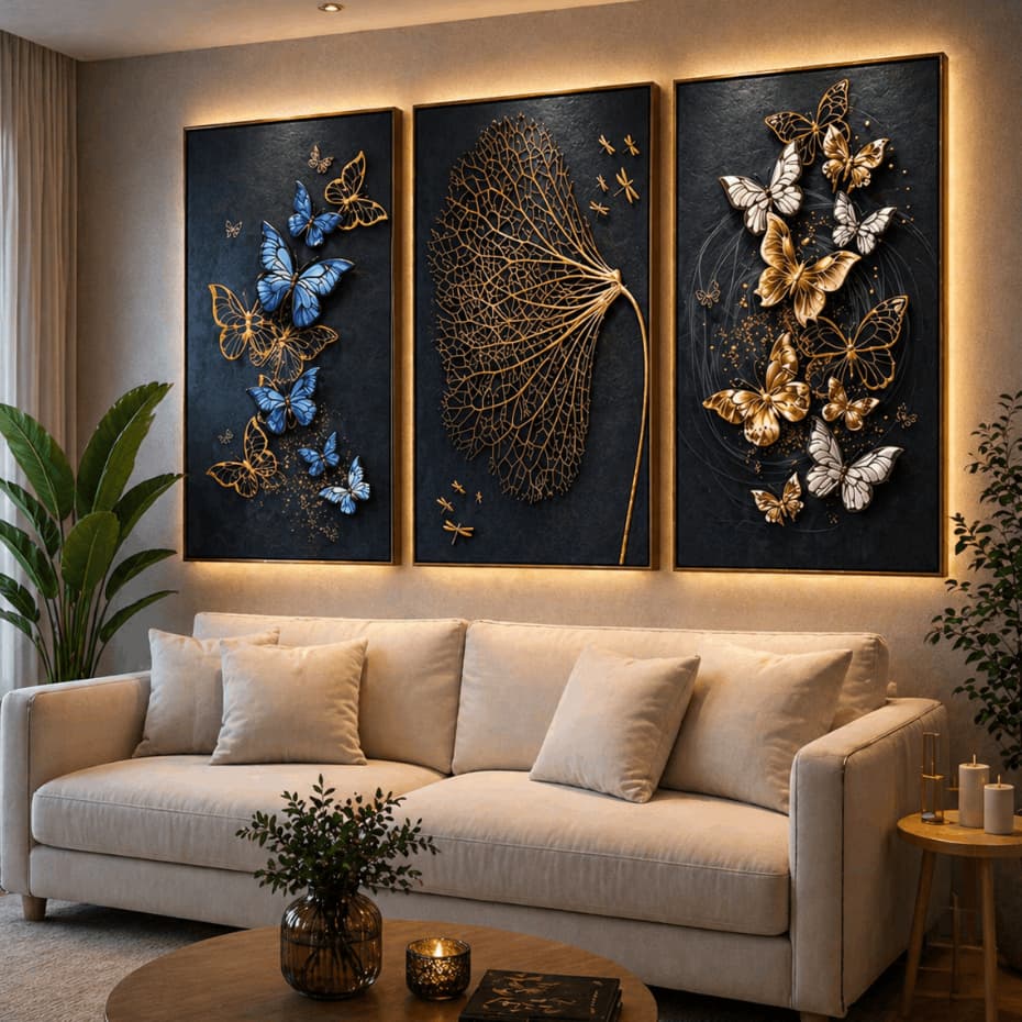 Kit 3 Quadros Decorativos Borboletas Dourado Azul Luxo 3D Sala Moderna