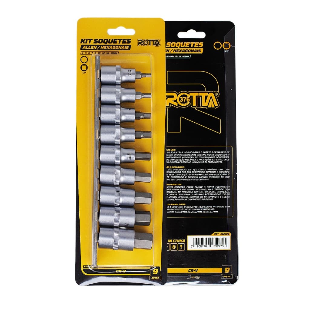 Jogo Soquetes Allen 1/2 Chave 9 Peças 4 A 17mm Profissional Aço Rotta376
