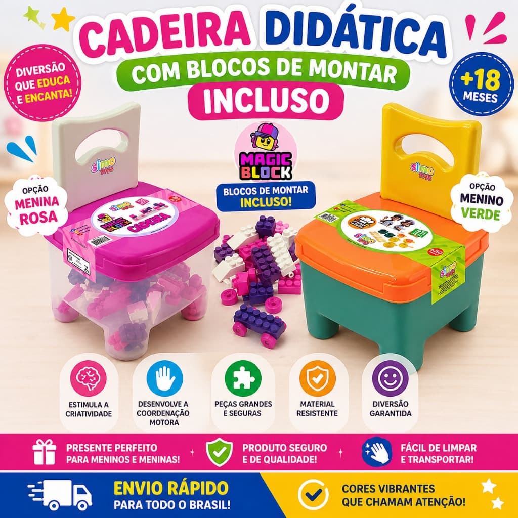 Cadeira Didática Infantil Com Blocos De Montar Incluso Menino Verde e Menina Rosa 22 Peças Educativo