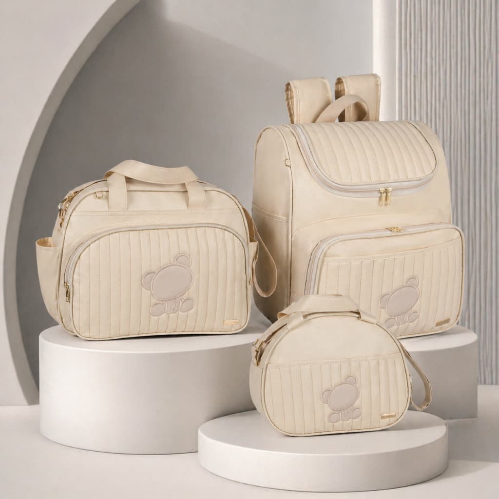 Kit Bolsas Maternidade 3 peças Bege c/Mochila, Bolsa e Frasqueira Urso Bordado Bege