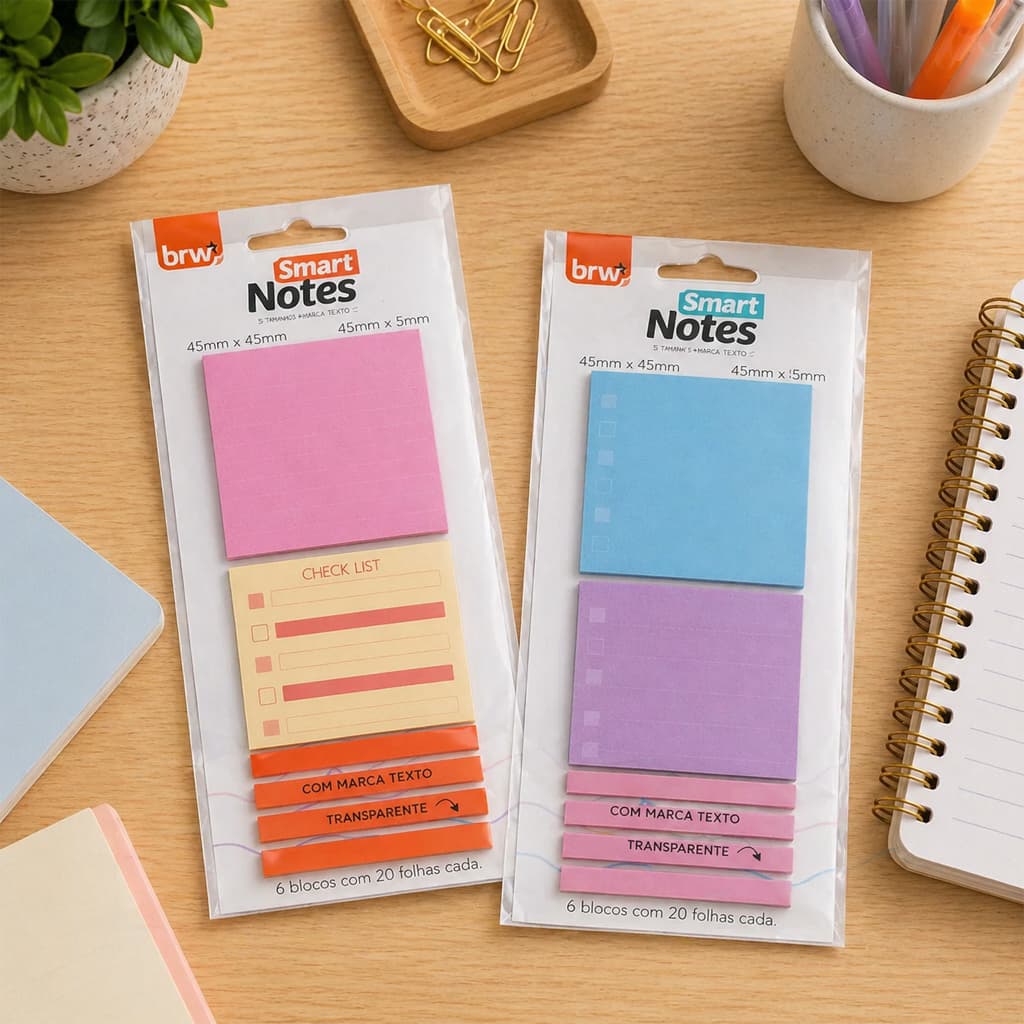 Bloco Adesivo Smart Notes BRW 6 Blocos Coloridos 45x45mm Com Marca Texto Transparente Para Estudos E Organização