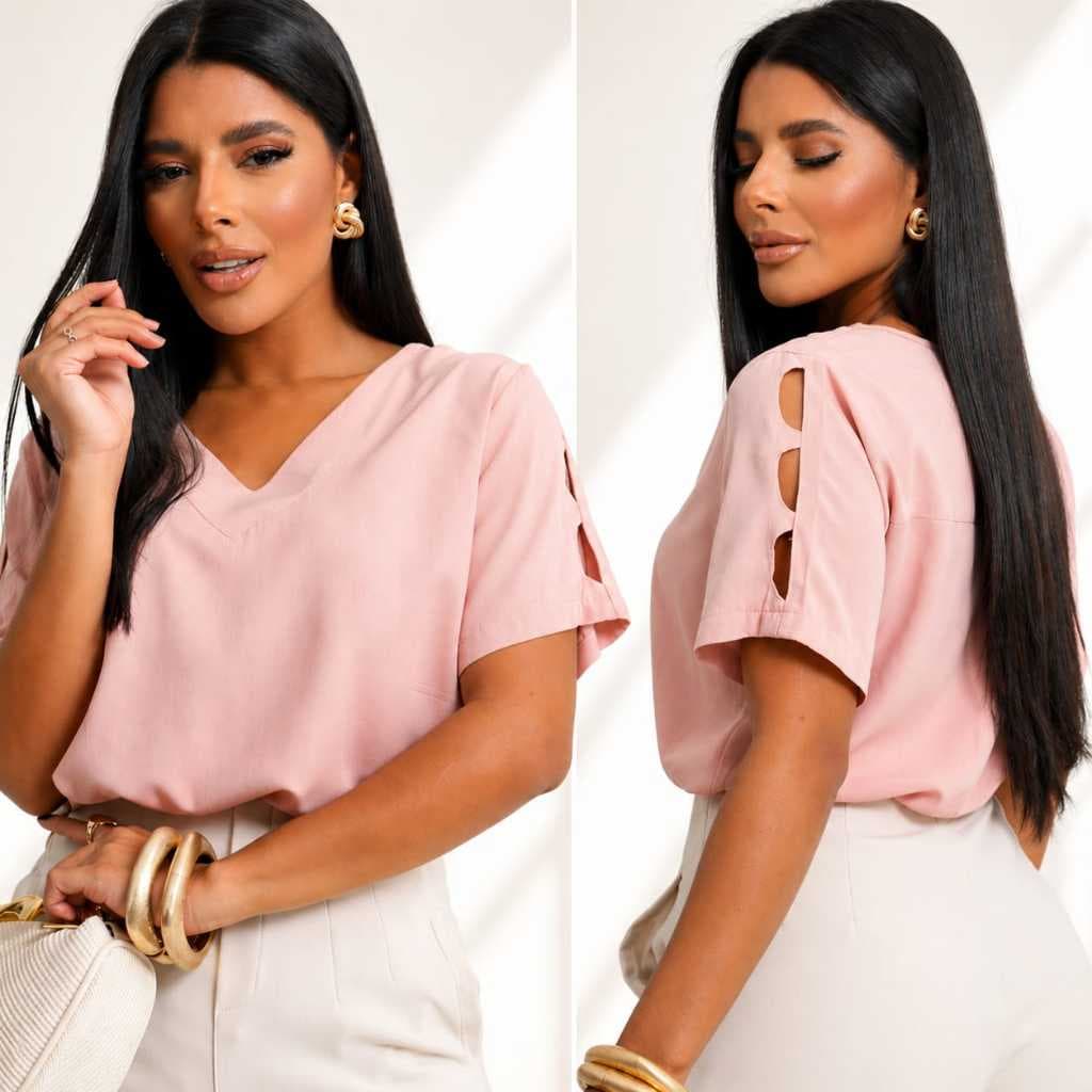 Blusa Feminina Decote V Manga Curta com Detalhe Elegante na Manga Soltinha Tecido Leve