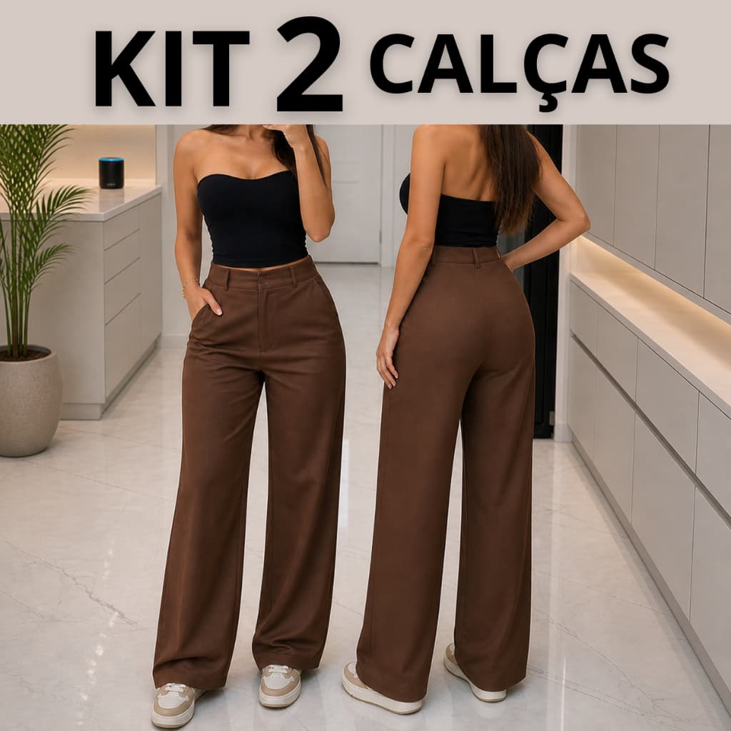 Kit 2 Calças Pantalona Alfaiataria Feminina Cintura Alta Bolso Lateral Botão Frontal Wide Leg