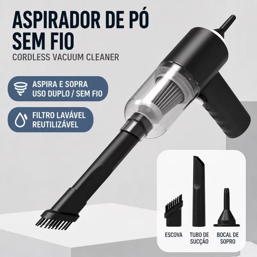 Aspirador de Pó Portátil 3 em 1 USB Recarregável sem Fio para Carro, Casa e Teclado