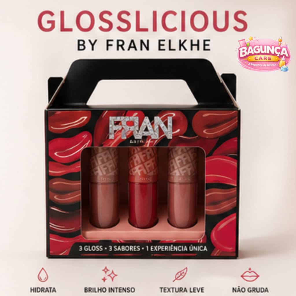 Kit Gloss Labial Glosslicious  – 3 Cores, Brilho Intenso, Hidratação e Não Gruda