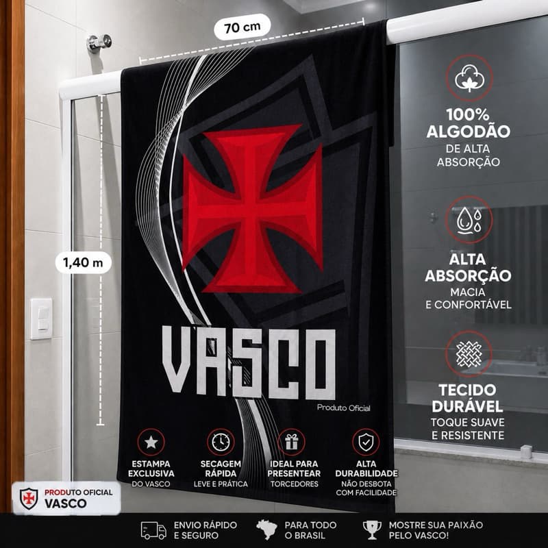 Toalha Vasco da Gama Oficial 100% Algodão Alta Absorção | Toalha de Banho Time Vasco Grande Macia Estampada