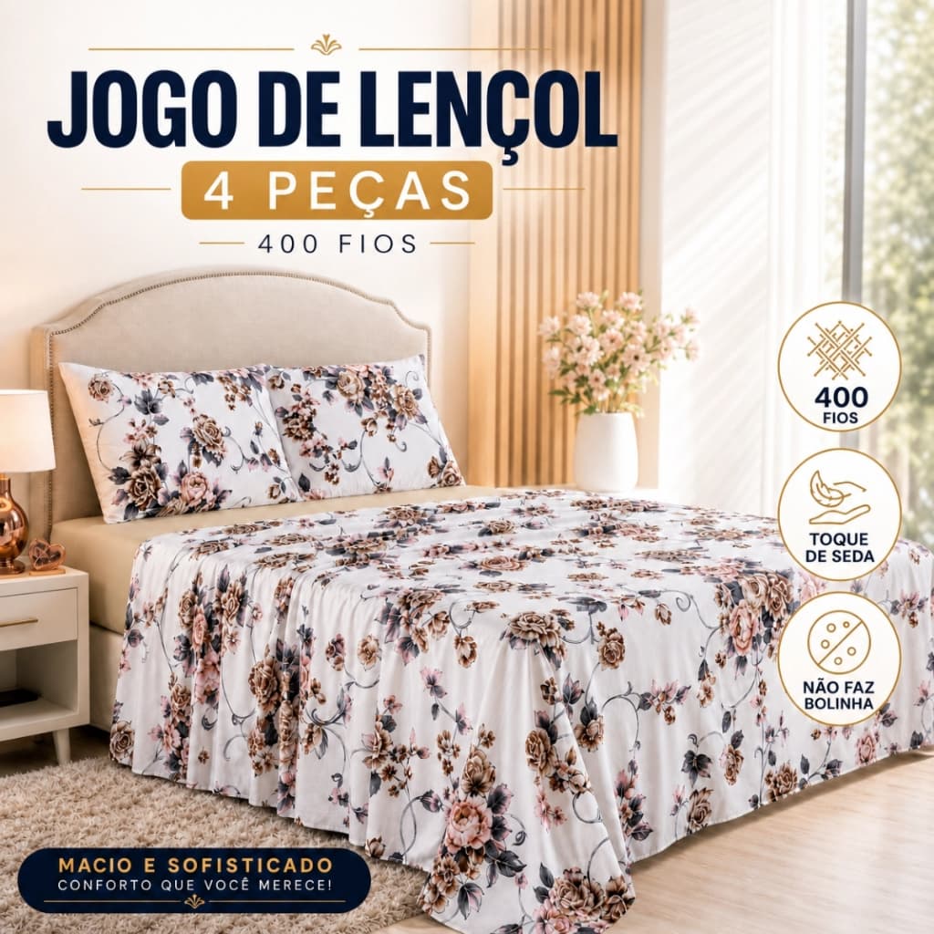 JOGO DE LENÇOL QUEEN 4 PEÇAS ESTAMPADO MICROPERCAL 400 FIOS