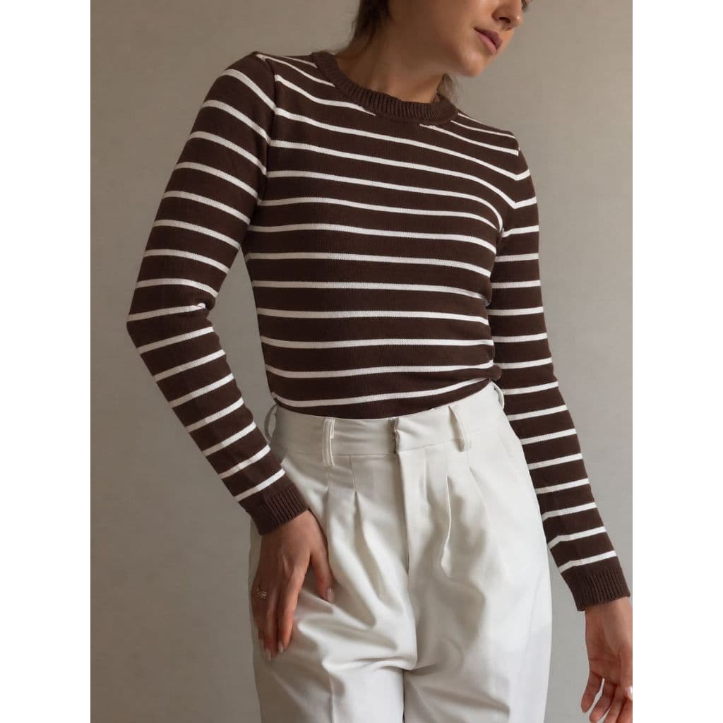 Blusa Tricot Listrada Moda Inverno Tricô Modal Listras Gola Redonda