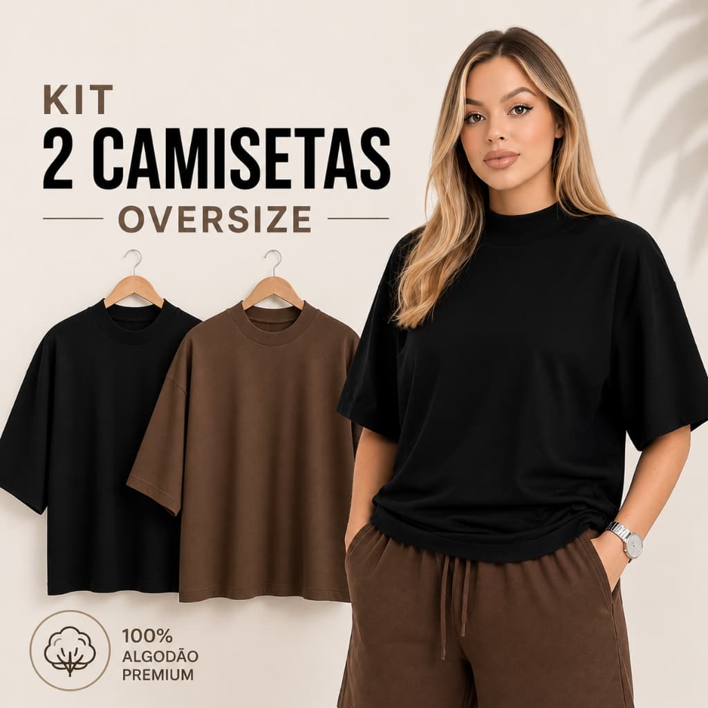 Kit 2 Camisetas Oversize Gola Alta 100% Algodón Estilo Casual Urbano Confort Diário