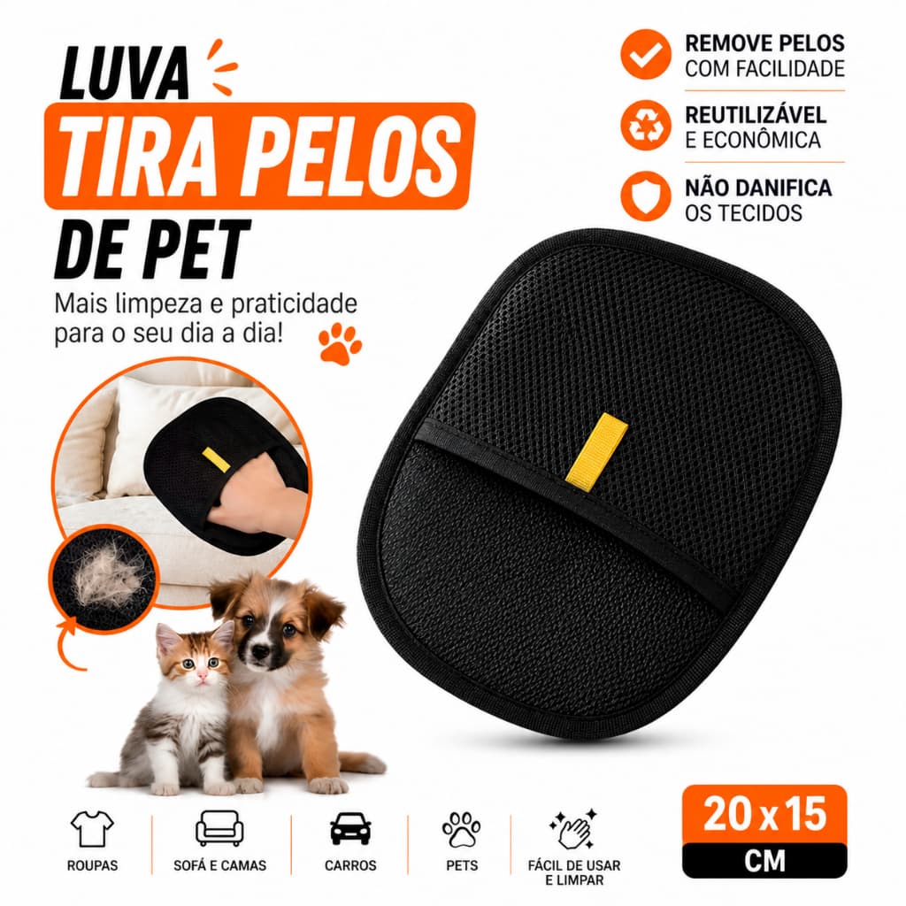 Luva Tira Pelos Pet Removedor de Pelos Cachorro Gato Reutilizável Limpeza Roupas Sofá 20x15cm