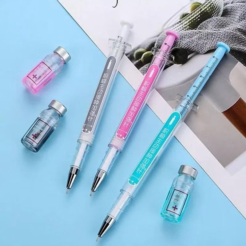 (Kit 3 itens) Caneta Imitação De Seringa Realista Tinta Azul Em gel