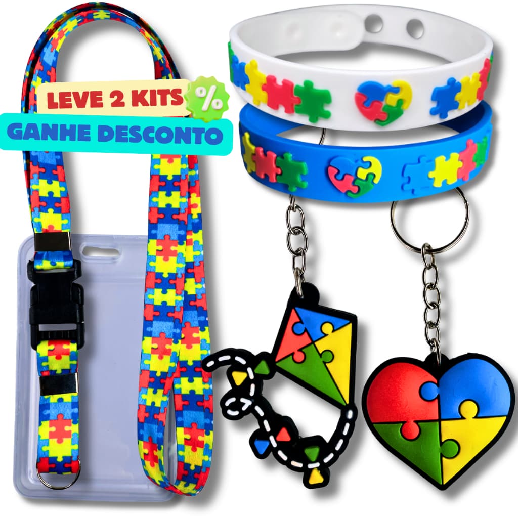 Kit Autismo 4 Peças – Cordão Crachá Pulseira Chaveiro Inclusão Identificação Autista Quebra-cabeça