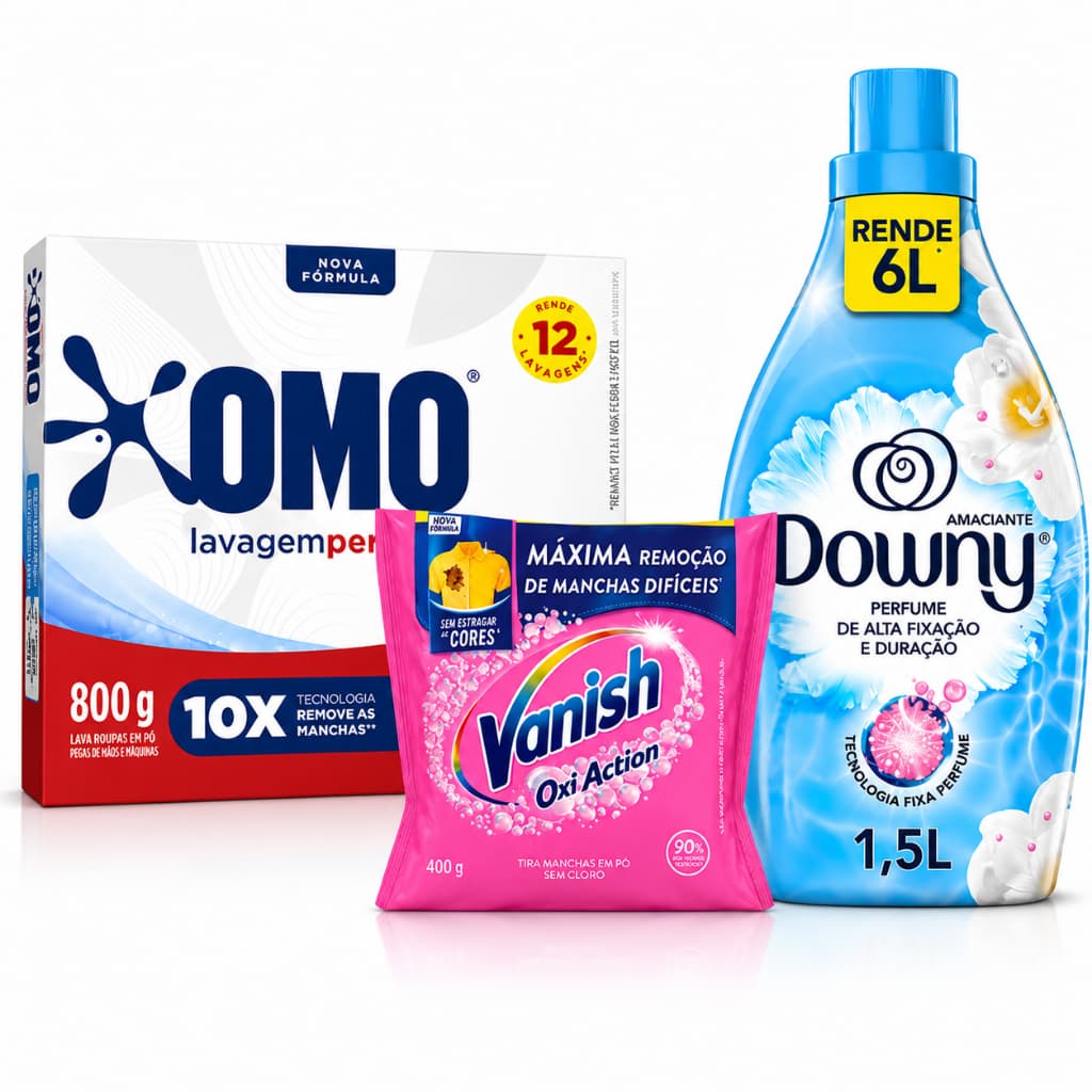 Kit OMO 1,6kg + Downy 1,5L + Vanish 400g Lavagem Completa Limpeza Profunda Remove Manchas Perfume Duradouro