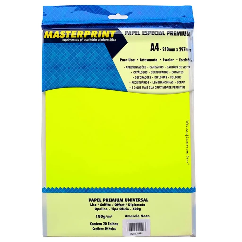 Papel Offset A4 180g Amarelo Neon Masterprint 20 Folhas Alta Qualidade
