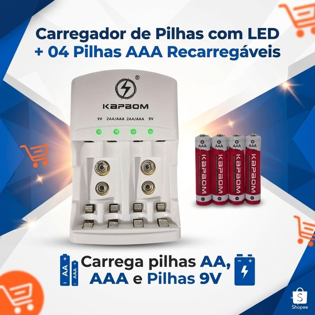 Carregador de Pilhas com LED + 04 Pilhas AAA Recarregáveis Kapbom KA-1369