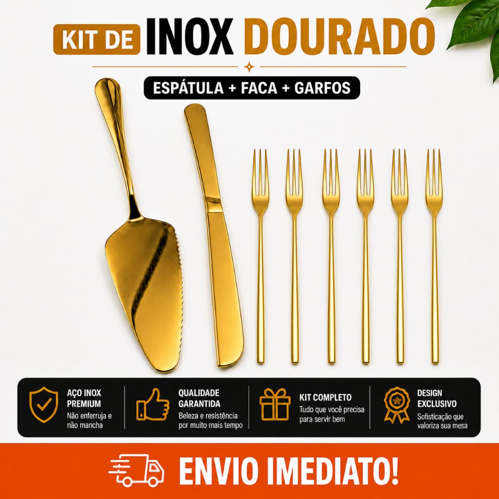 Jogo Talheres Inox Dourados Para Bolo Tortas e Sobremesa – 8 Peças