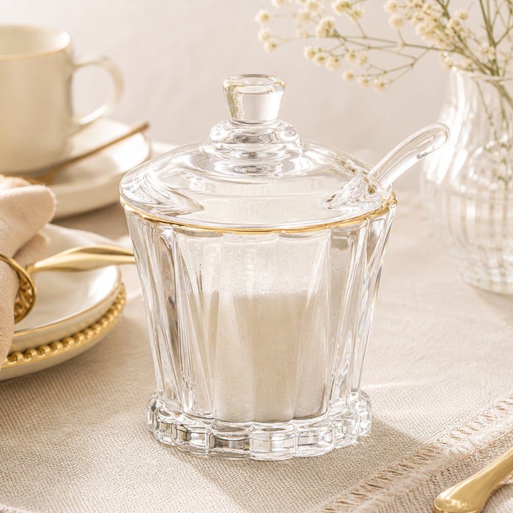 Açucareiro de Cristal 210ml com Colher e Tampa Fio de Ouro Radial – Lyor