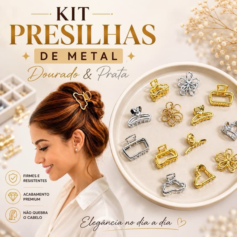 Kit presilhas Metalizadas – Dourada ou Prateada | acessório feminino com design elegante