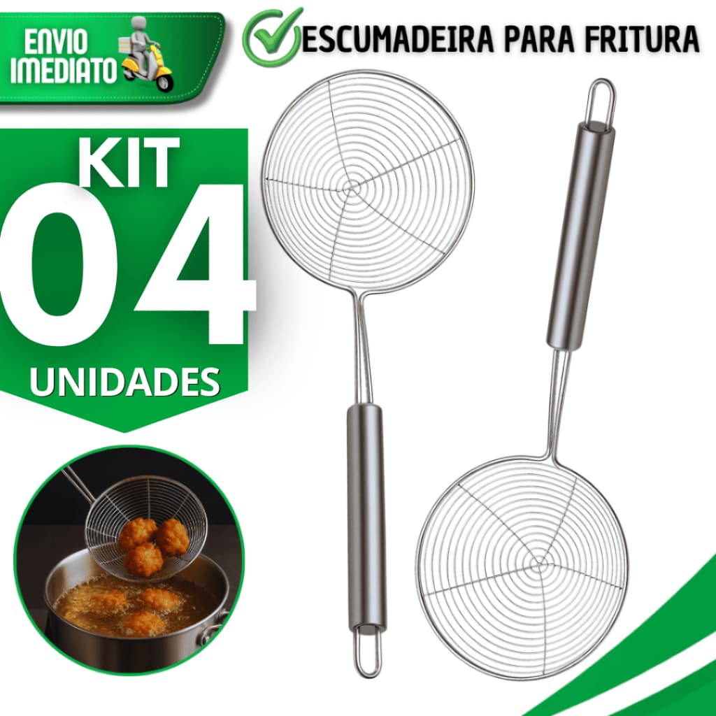 Kit Escumadeira Fritura Aço Inox 34,5 Cm Resistente Cozinha Restaurante Pastelaria Utensilios