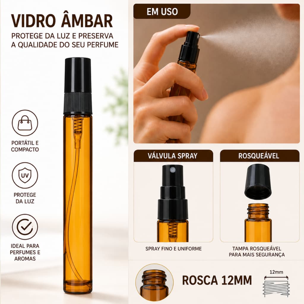 6 ou 12 - Mini Borrifador 10ml Âmbar | Frasco de Vidro Spray para Perfume, Decants e Aromatizante
