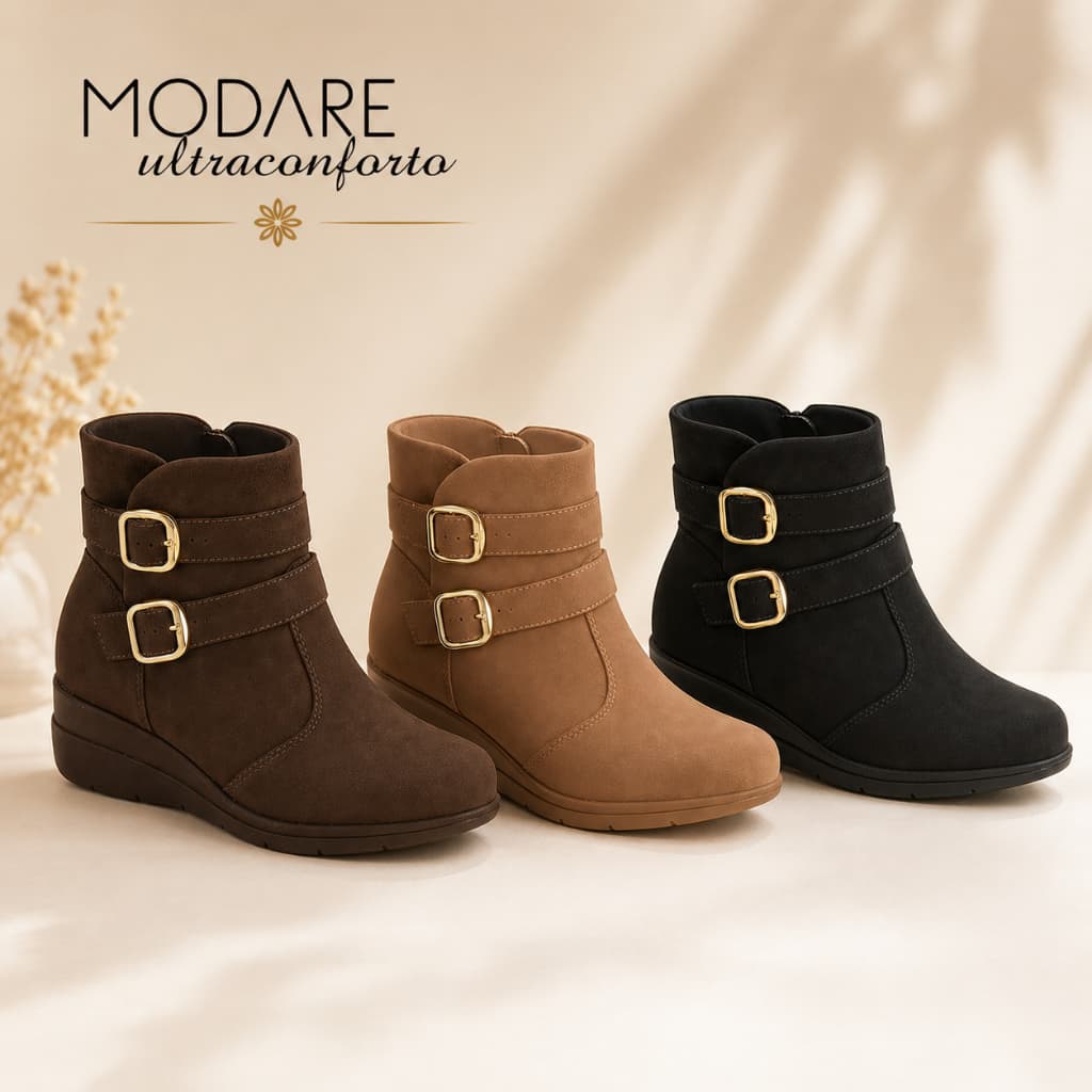 Bota Cano Curto Feminina Modare Ultraconforto Salto Plataforma Baixo Napa Veluna Moda Original