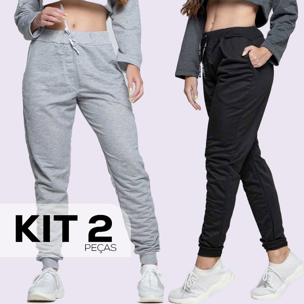 Kit 2 Calças Feminina Moletinho Cintura Alta Confortável Casual Inverno Dyeu Modas
