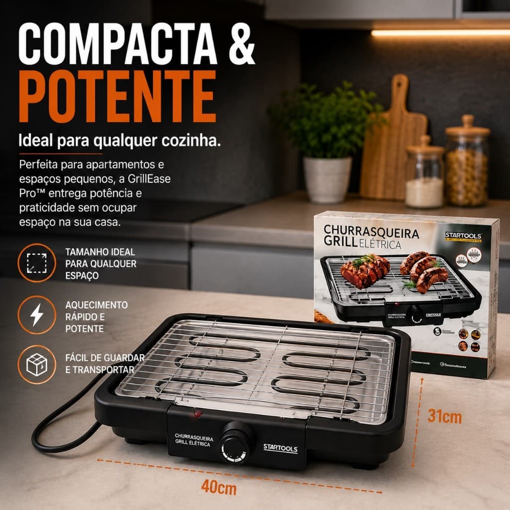 Churrasqueira Eletrica GrillEase Pro™ Grelha Removivel Facil Limpeza 127V Preta